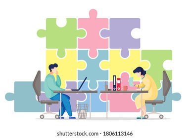 Vector flat illustration with huge puzzle. Businesspeople working in office sitting at table. Man look at laptop screen, woman looking through documents. Cartoon characters solve one business problem
