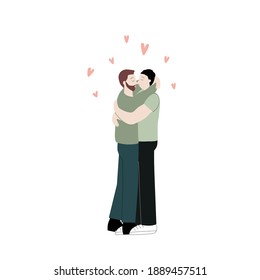 Ilustración vectorial plana con abrazos y besos a hombres aislados en blanco. Día Mundial de la Besada. Tarjeta de saludo homosexual para el Día de San Valentín. Amor entre personas del mismo sexo. Pareja gay masculina.