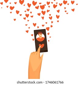 Vector flat illustration of human hand giving love and swiping right on dating app. Romantic and love finder in smartphone. Online chat and dating concept