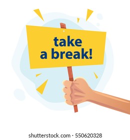 Vector flat illustration with human hand holding table isolated. Cartoon style. Text message for poster, banner, placard.