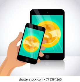Vector flat illustration with human hand holding smartphone, tablet and golden coin on its screen isolated on white background. Electronic gadget. Gold coin icon with dollar symbol.