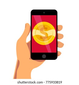 Vector flat illustration with human hand dolding smartphone with golden coin on its screen isolated on white background. Electronic gadget. Gold coin icon with dollar symbol.