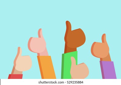 Vector flat illustration of human hands different nationalities showing  Like