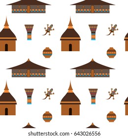  Vector flat illustration huts and jug, gecko. Stylized image. Abstract illustration, african motifs. Africa symbols and travel vector set. Ethnic architecture.Ethnic Huts.