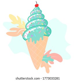 Vector flat illustration of ice cream. Ice cream cone flat style. Hand drawn art ice cream design for poster. Sweet dessert pastry vector illustration.