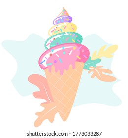 Vector flat illustration of ice cream. Ice cream cone flat style. Hand drawn art ice cream design for poster. Sweet dessert pastry vector illustration.