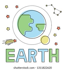 Vector flat illustration - icon with earth and moon, also hand lettering text