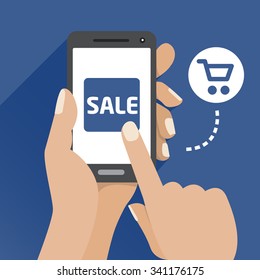 Vector flat illustration icon with the hand and mobile phone 