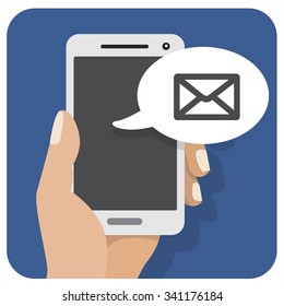 Vector flat illustration icon with the hand and mobile phone 