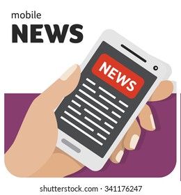 Vector flat illustration icon with the hand and mobile phone 