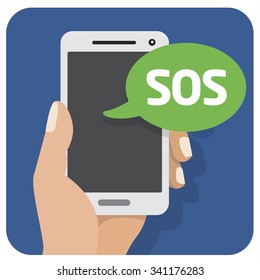 Vector flat illustration icon with the hand and mobile phone 