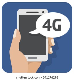 Vector flat illustration icon with the hand and mobile phone 