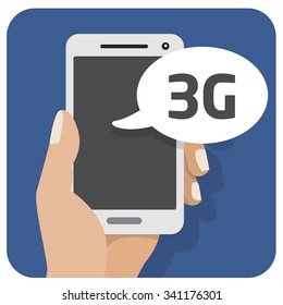 Vector flat illustration icon with the hand and mobile phone 