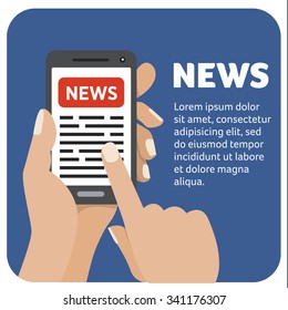 Vector flat illustration icon with the hand and mobile phone 