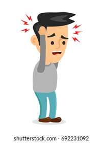 Vector flat illustration icon man with a headache, compassion fatigue, disease of the head, young man  holding his head. migraine, health problems and pain head, stress work, tired, suffer, emotion