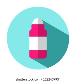 Vector flat illustration icon of roll-on deodorant (antiperspirant). Blue circle background, pink and white colors