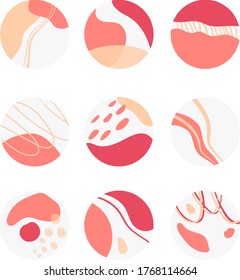ilustración plana vectorial, iconos para redes sociales, conjunto de nueve fondos redondos abstractos, dibujados a mano varias formas y objetos de doodle