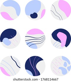 ilustración plana vectorial, iconos para redes sociales, conjunto de nueve fondos redondos abstractos, dibujados a mano varias formas y objetos de doodle