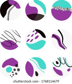 vector flat illustration, icons for social networks, set of nine abstract round backgrounds, hand drawn various shapes and doodle objects