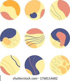 vector flat illustration, icons for social networks, set of nine abstract round backgrounds, hand drawn various shapes and doodle objects