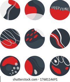 vector flat illustration, icons for social networks, set of nine abstract round backgrounds, hand drawn various shapes and doodle objects