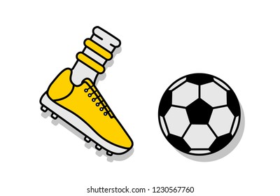 Vector flat illustration with icons of yellow soccer football ball and boot. Black outline. Kick
