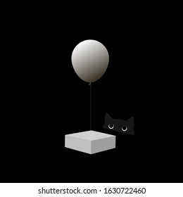 Vector flat illustration. Flat image. Balloon, box, cat. Monochrome.