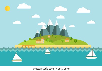 Vector flat illustration with the image of the island with trees and houses and boats in the sea