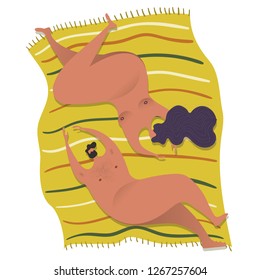 Vector, flat illustration with the image of a man and a woman who are resting on a blanket. Ready to print or use in your desig.