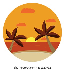 Vector flat an illustration with the image of the sea and beach with palm trees and the sun at sunset.  .Tropical Sea Landscape.Summer relaxation poster and flyer
summer sunset tropical landscape