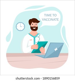 Vector flat illustration with the image of a smiling doctor at the computer. In the background there is an inscription about the need for vaccination
