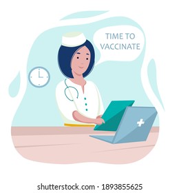 Vector flat illustration with the image of a smiling doctor at the computer. In the background there is an inscription about the need for vaccination