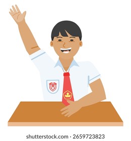 Ilustração plana e vetorial de um garoto da escola indonésia levantando a mão para perguntar