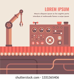 Vector flat illustration of industrial conveyor with pipelines, rotating details and different technical elements