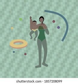 Vector flat illustration of infant swimming. Mom supports the baby in the water. First swim, learn to swim in the pool.