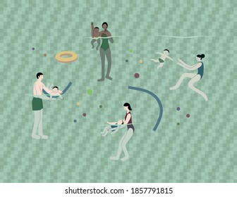 Vector flat illustration of infant swimming. Parents support babys in the water. First swim, learn to swim in the pool.