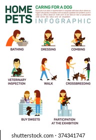 Vector flat illustration infographic of caring about pets dog. Bathing, washing, dressing, combing, veterinary inspection, going for a walk, crossbreeding, buying food, participation in an exhibition.