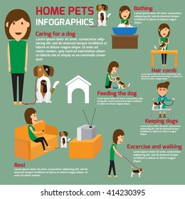 Vector flat illustration infographic of caring about pets dog. Bathing, washing and veterinary inspection. vector illustration.