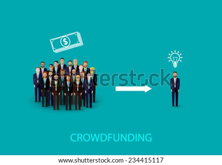 vector flat illustration of an infographic crowdfunding concept. a group of business men wearing suits and ties. 