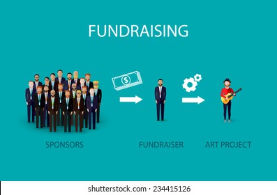 Vector Flat Illustration Of An Infographic Fundraising Concept. A Group Of Business Men Giving Money For Non Profit Art Project