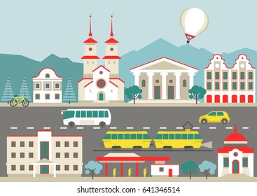 Vector flat illustration, infographics. Front view of an abstract city with public and residential buildings, churches and transport. 