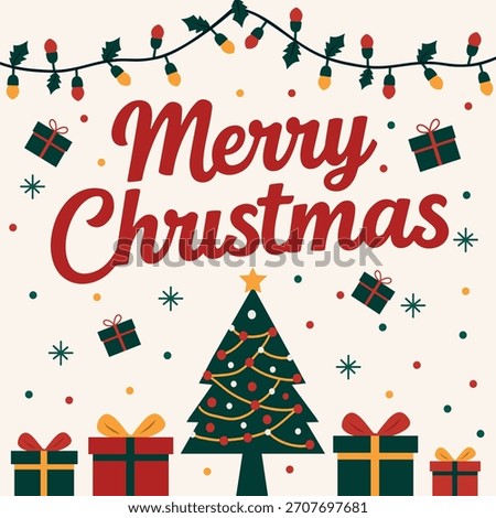 Vector flat illustration with the inscription Merry Christmas on a light background. A Christmas tree, gifts, holly garlands, snowflakes. Festive design for New Year's cards, greetings, packaging