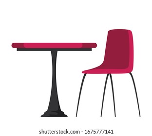 Vector flat illustration of interior design in street restaurant. Modern round table with chair isolated on white background. Design elements for catering business, food court, cafe and bar concept 