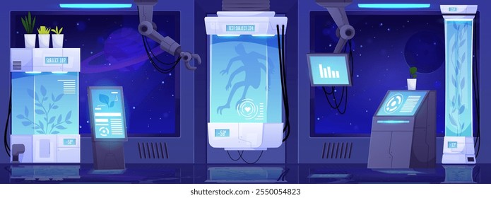 Vector flat illustration of interior room of space laboratory with plants and fantastic creature in cryogenic capsules. Background with scientific equipment and space landscape outside the window.