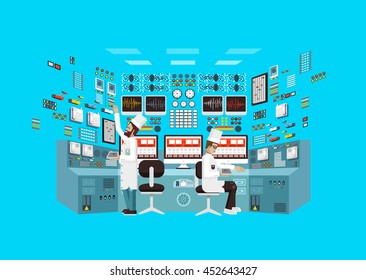 Vector Flat Illustration Interior Science Base, Nuclear Power Plant, Technical Equipment, Scientists, Workers NPP, Research, Development, Experiments, Data Processing, Technological Progress