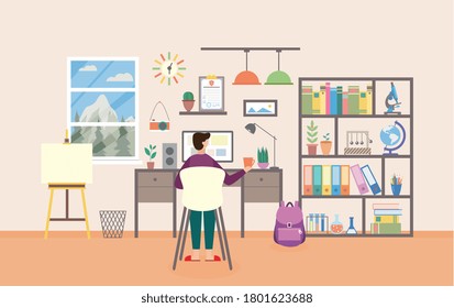 Vector flat illustration of interior workplace in study room. Home office with desk and computer, bookshelves and easel. The student or the schoolchild in room for learning or work