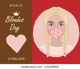 Ilustración vectorial plana, día internacional de las rubias, tarjeta de saludo, carta de vacaciones. La rubia enmascarada, moda 2020