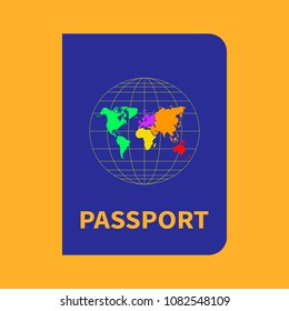 Vector flat illustration of an international blue passport with a map on a yellow background. Blue passport with a globe. Civic symbol for your website design, logo, mobile application, interface.