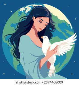 Vector flat illustration. International Day of Peace. World peace. A girl holds a dove in her arms against the backdrop of the globe. Hands and dove of peace. Elements for card, poster, flyer banner