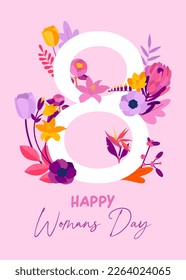 Vector flat illustration International lettering Happy Women's Day.Poster, banner March 8 with colorful spring flowers on a pink background. Template for a postcard, website for promotion and shopping